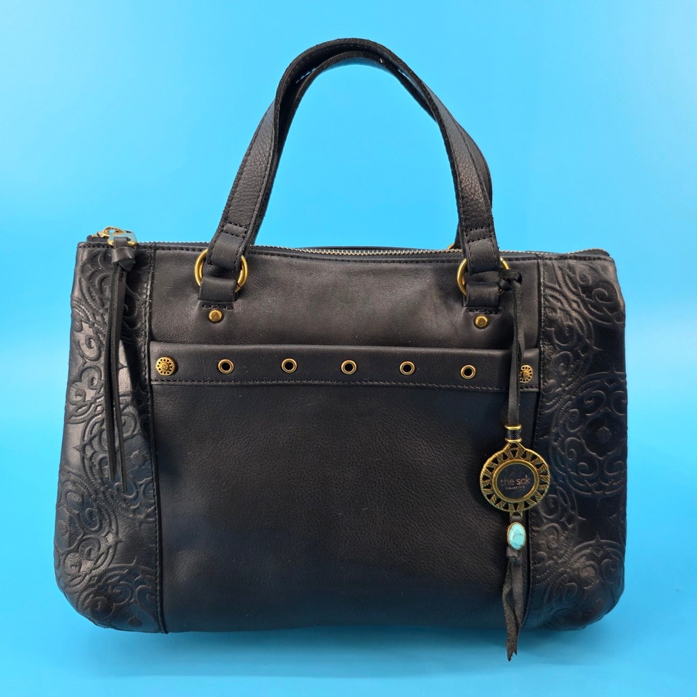 The Sak Collective Black Leather Embossed Floral Satchel Handbag Brass Hardware